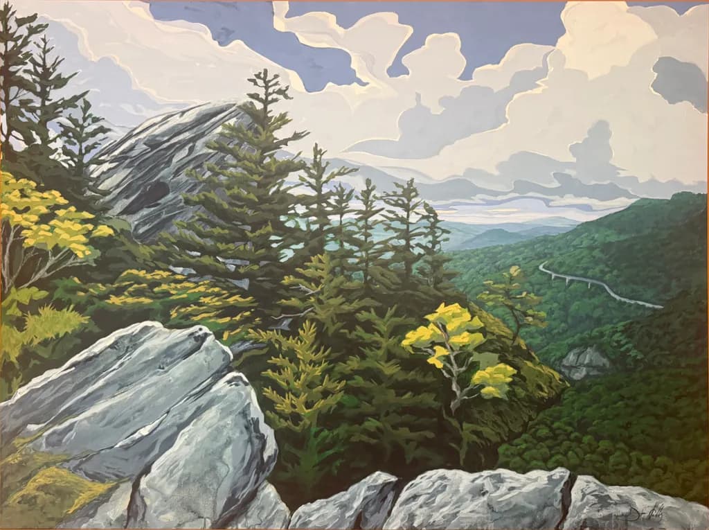 Serenity in the Mountains: A Vibrant Landscape of Trees and Rocks Under a Dramatic Sky