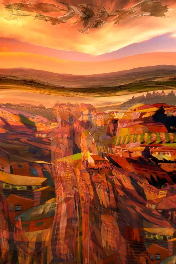Vibrant Horizons: An Abstract Landscape of Colorful Textures and Skyline Dreams