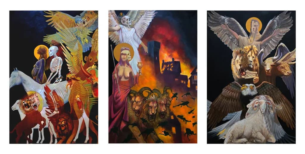 Revelation Triptych, each image is 60" x 40", oil and mixed media on canvas