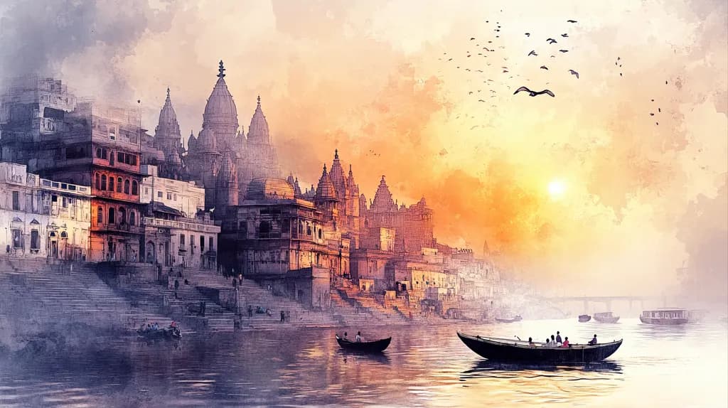 Ethereal Dawn Over Varanasi: A Serene River Journey