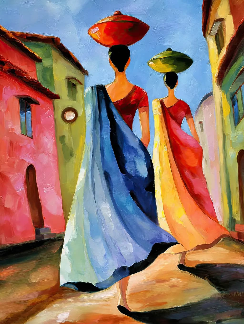 Vibrant Journey: Women in Traditional Attire Amidst Colorful Streets