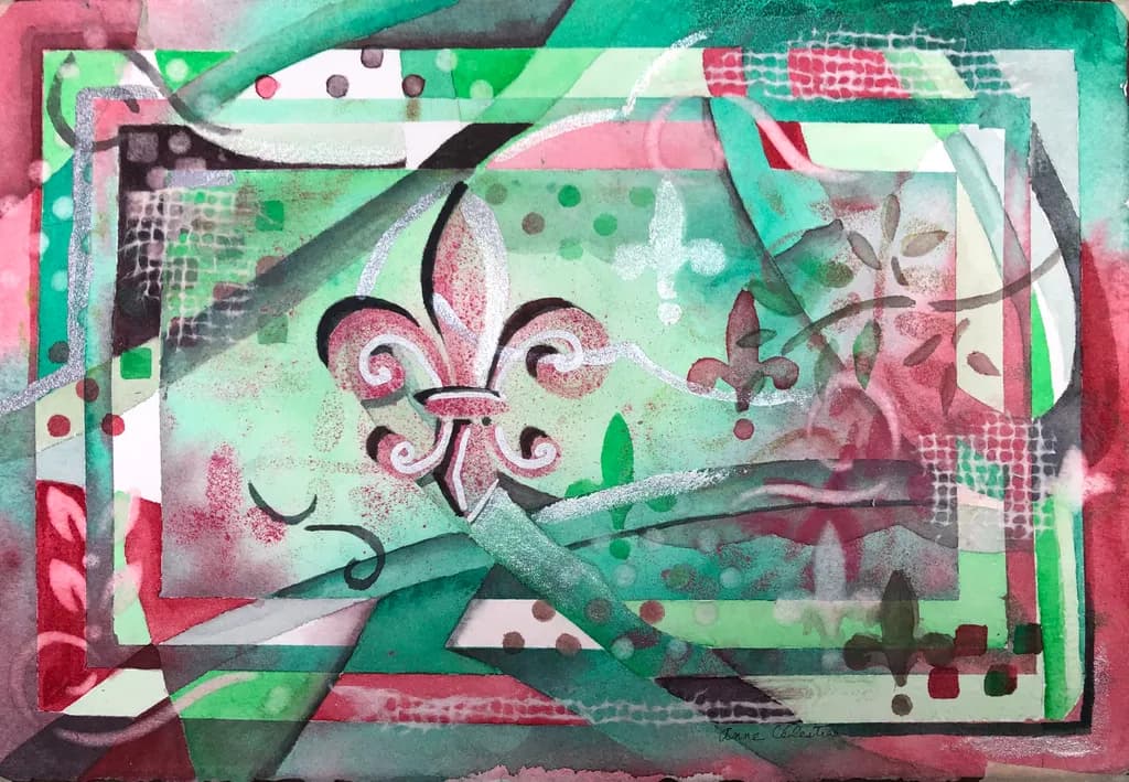 Whispers of Elegance: A Vibrant Dance of Fleur-de-Lis and Colorful Geometry in Watercolor Art