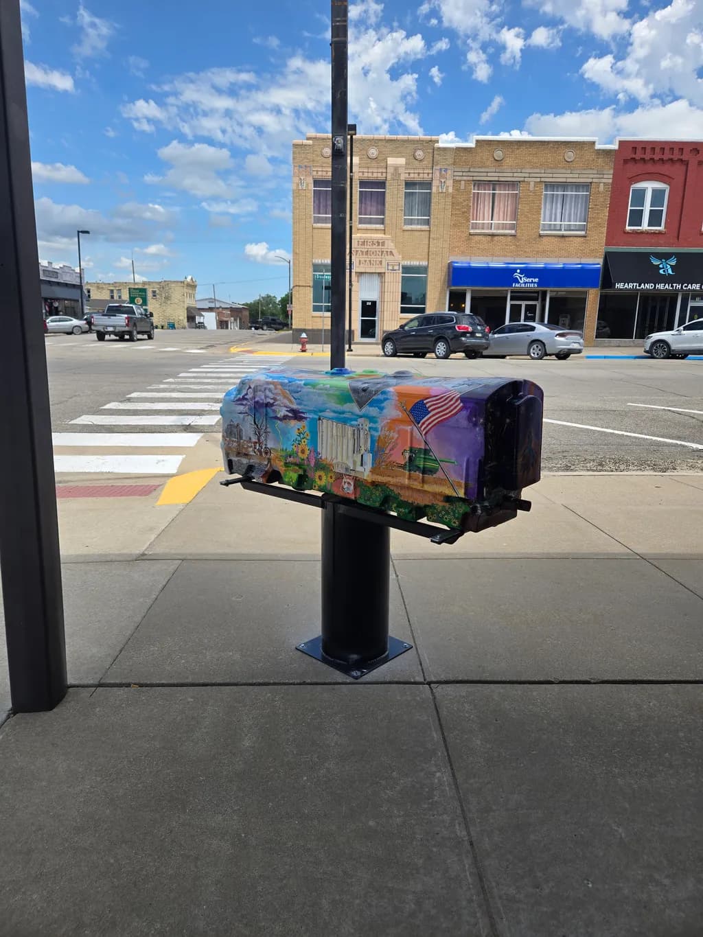 Corner locomotive sculpture.