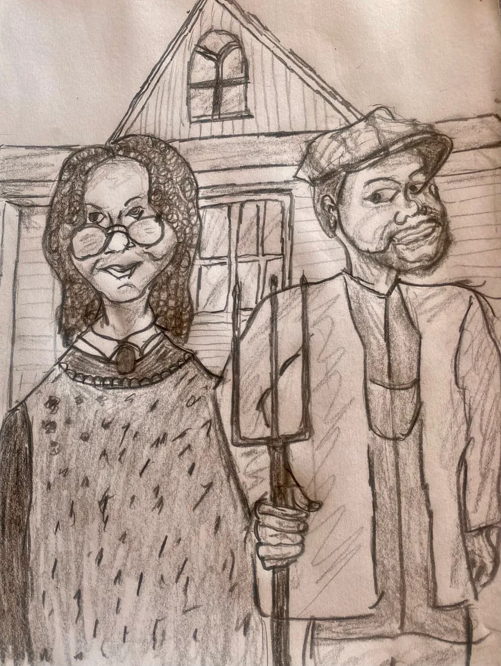 Whimsical Portrait of Rural Life: A Couple's Charm in Pencil Sketch
