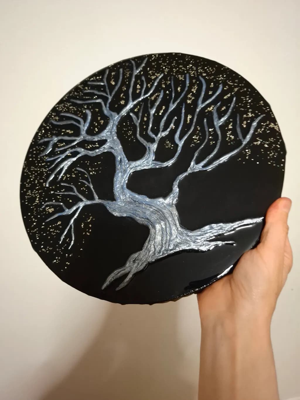 Whispers of the Night: A Silver Tree Against a Starry Black Canvas