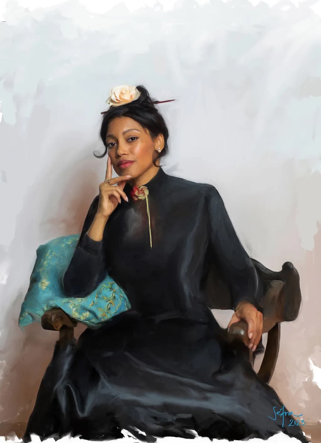 Woman in Black Dress with Rose