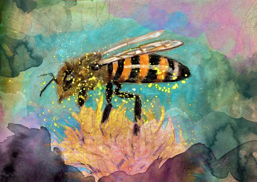 Whispers of Nature: A Watercolor Dance of a Bee Among Blossoms