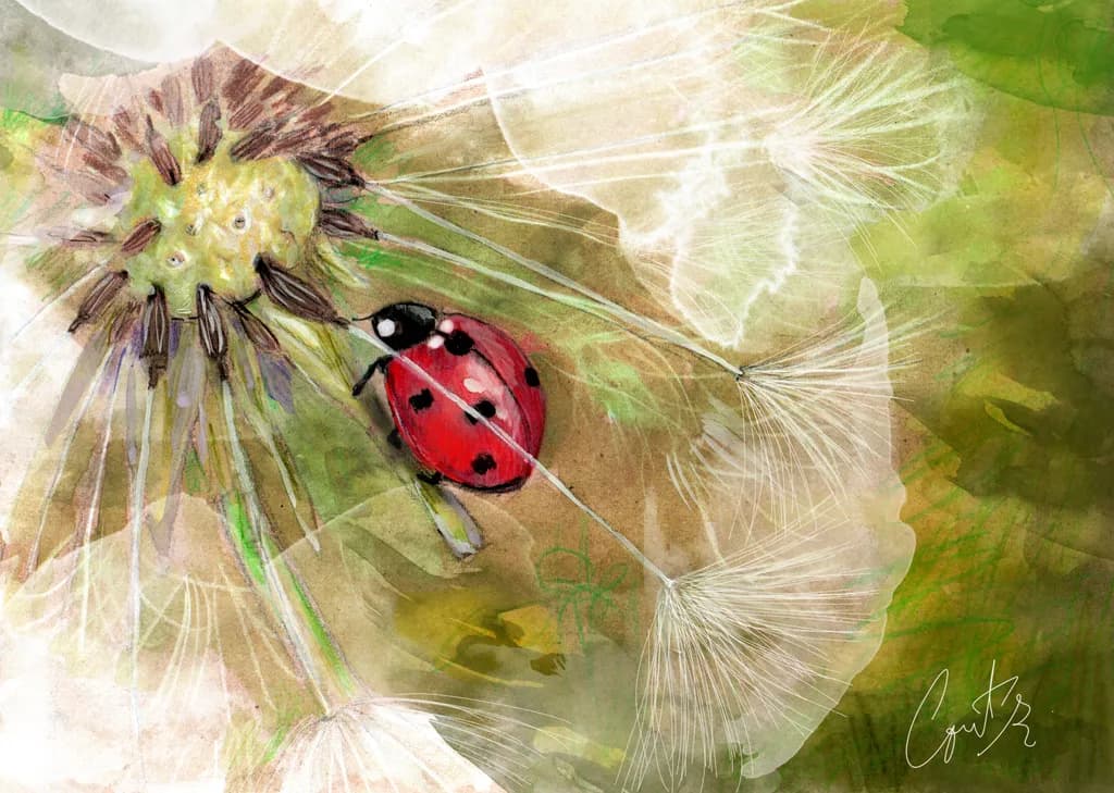 Whispers of Nature: A Ladybug's Dance Among Dandelion Dreams