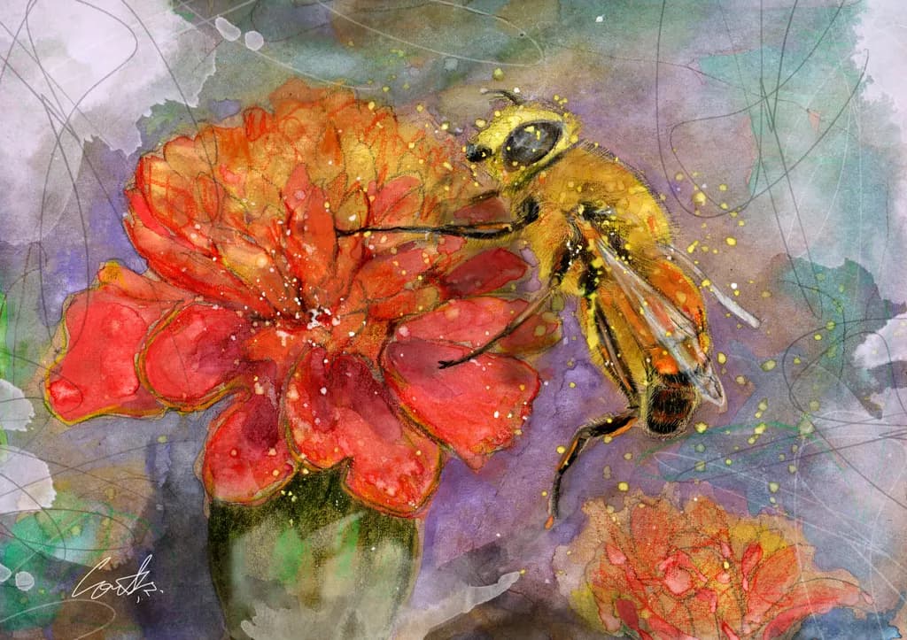 Whispers of Nature: A Vibrant Dance of Bee and Blossom in Watercolor Harmony