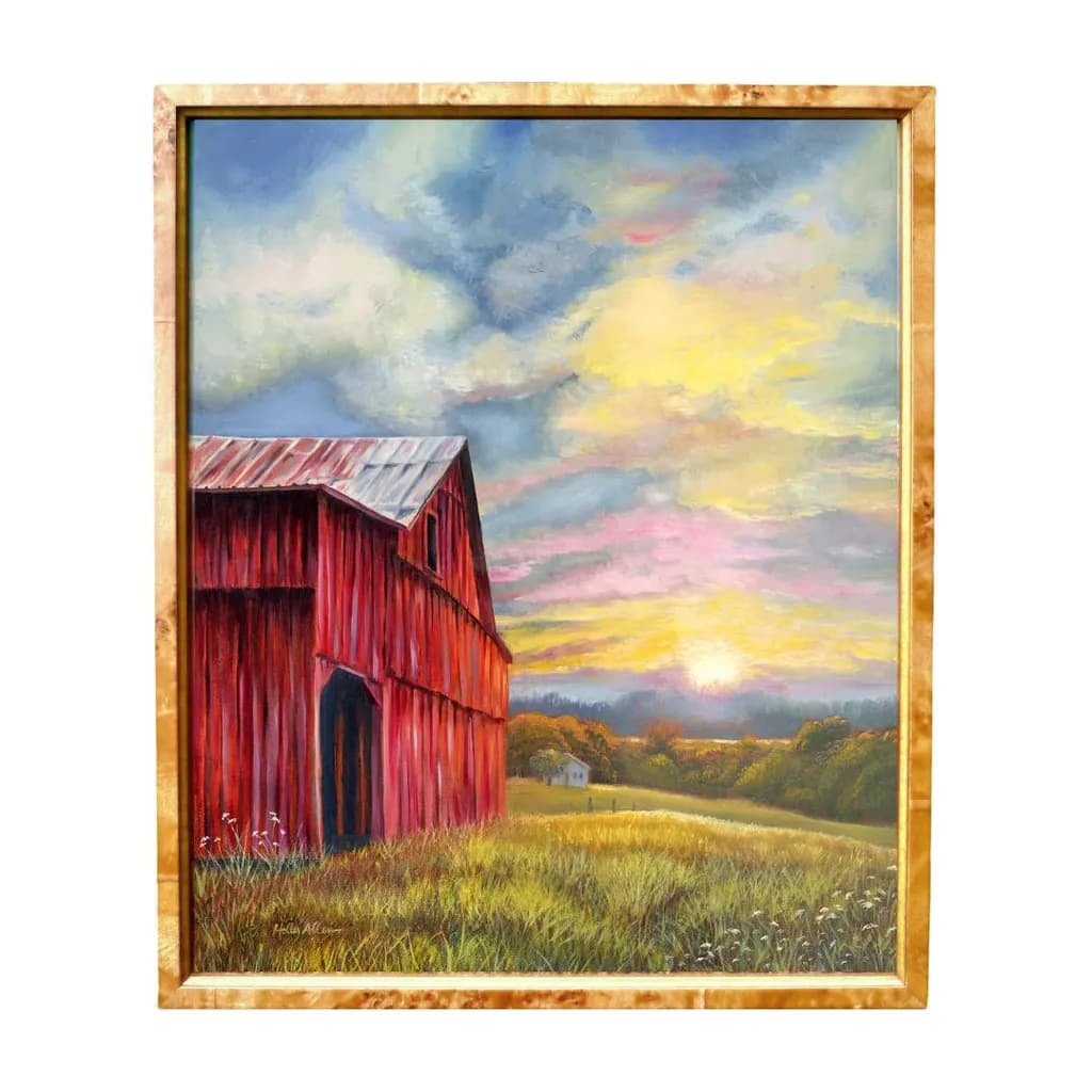 Sunset Serenade: A Vibrant Barn Landscape Bathed in Golden Light