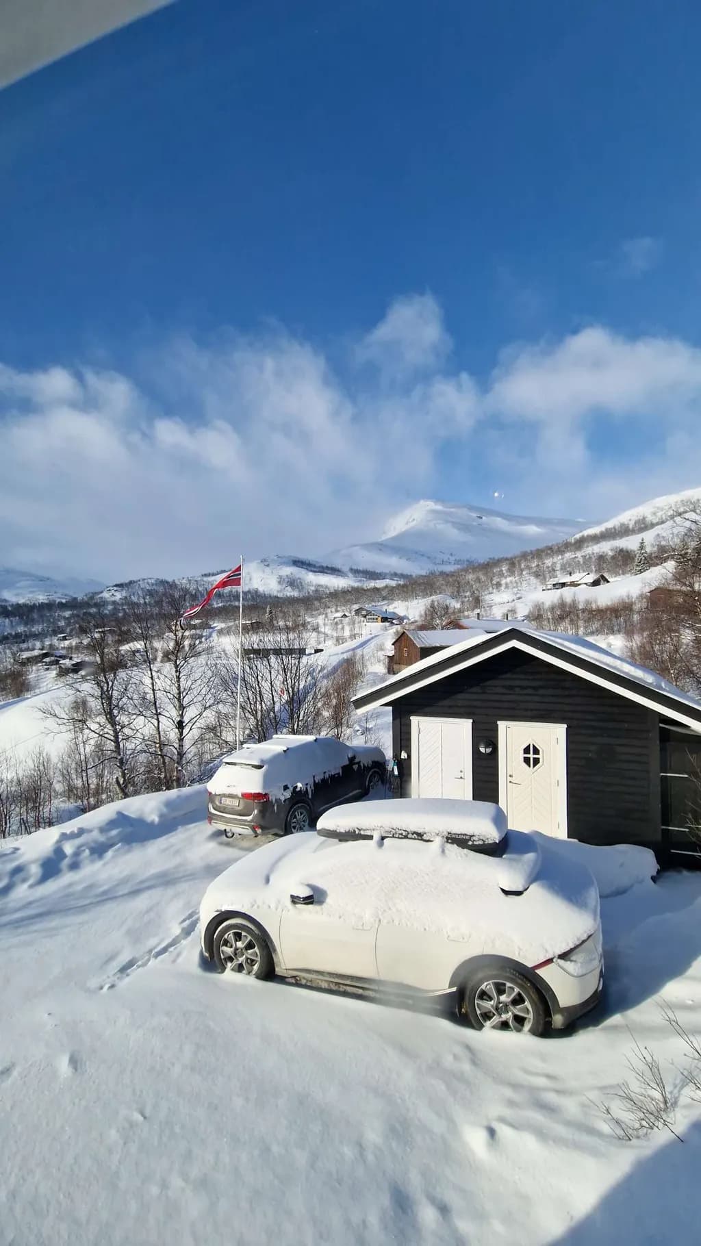 Snow-Covered Cars and Cabin