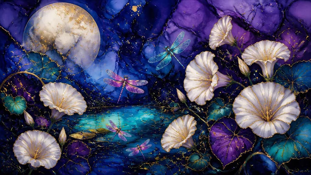 Moonlit Flowers and Dragonflies