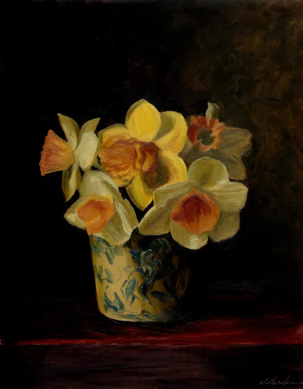 Daffidols in blue and white vase