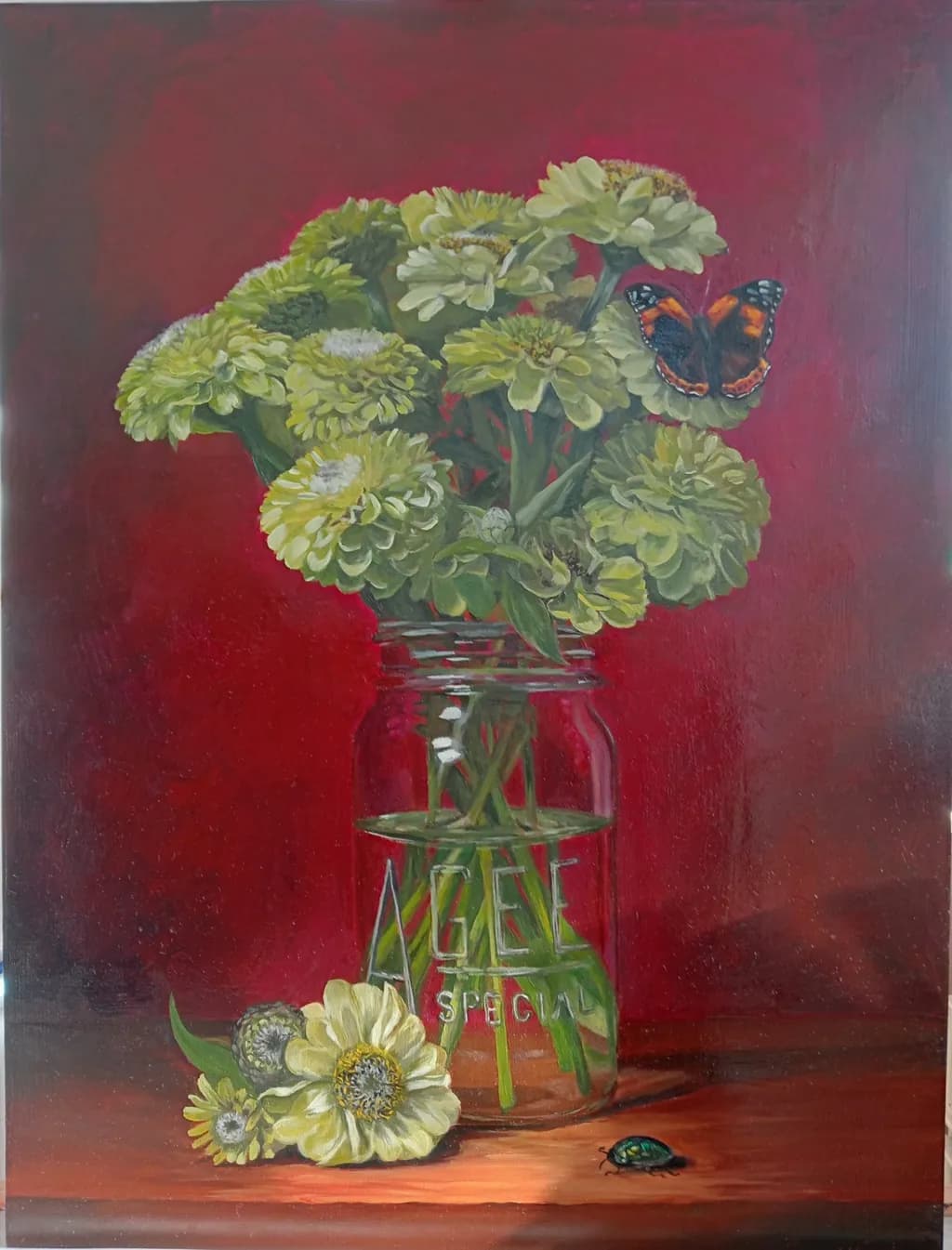 Zinnias in an Agee jar with butterfly and beetle