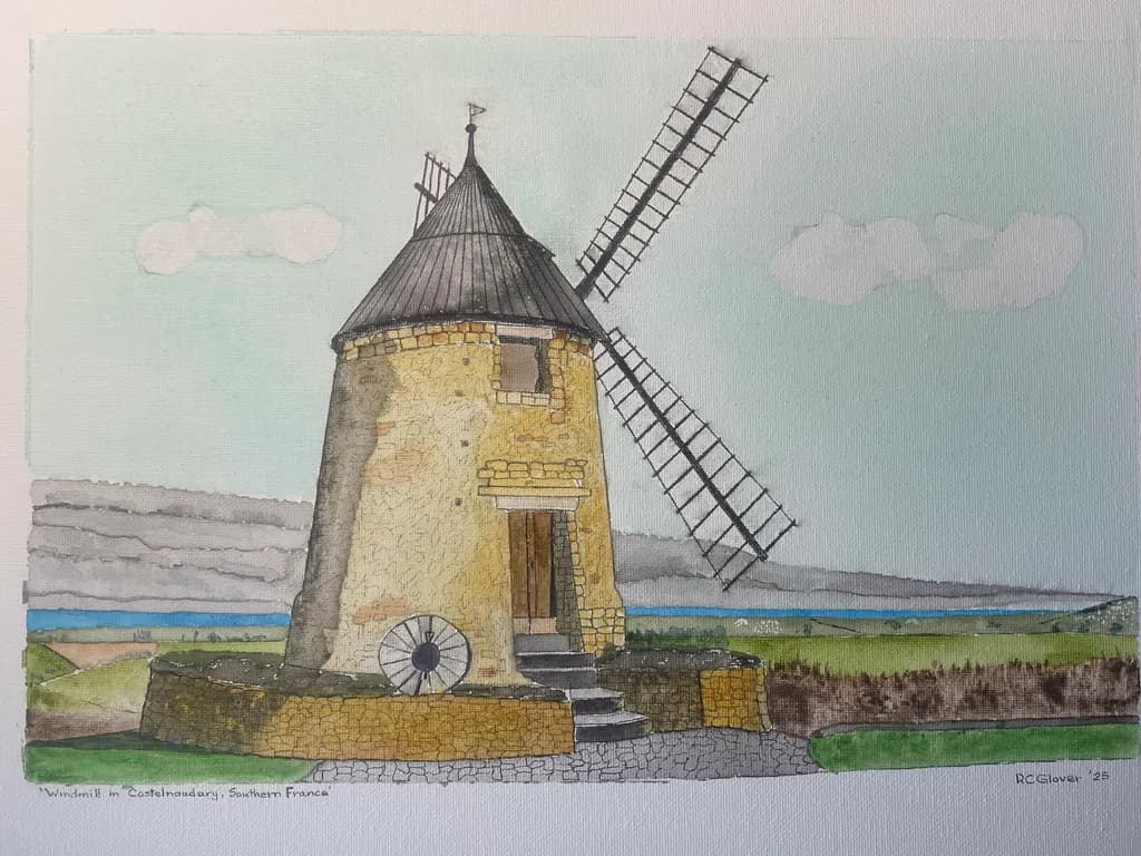 Whispers of the Windmill: A Serene Southern French Landscape in Watercolor