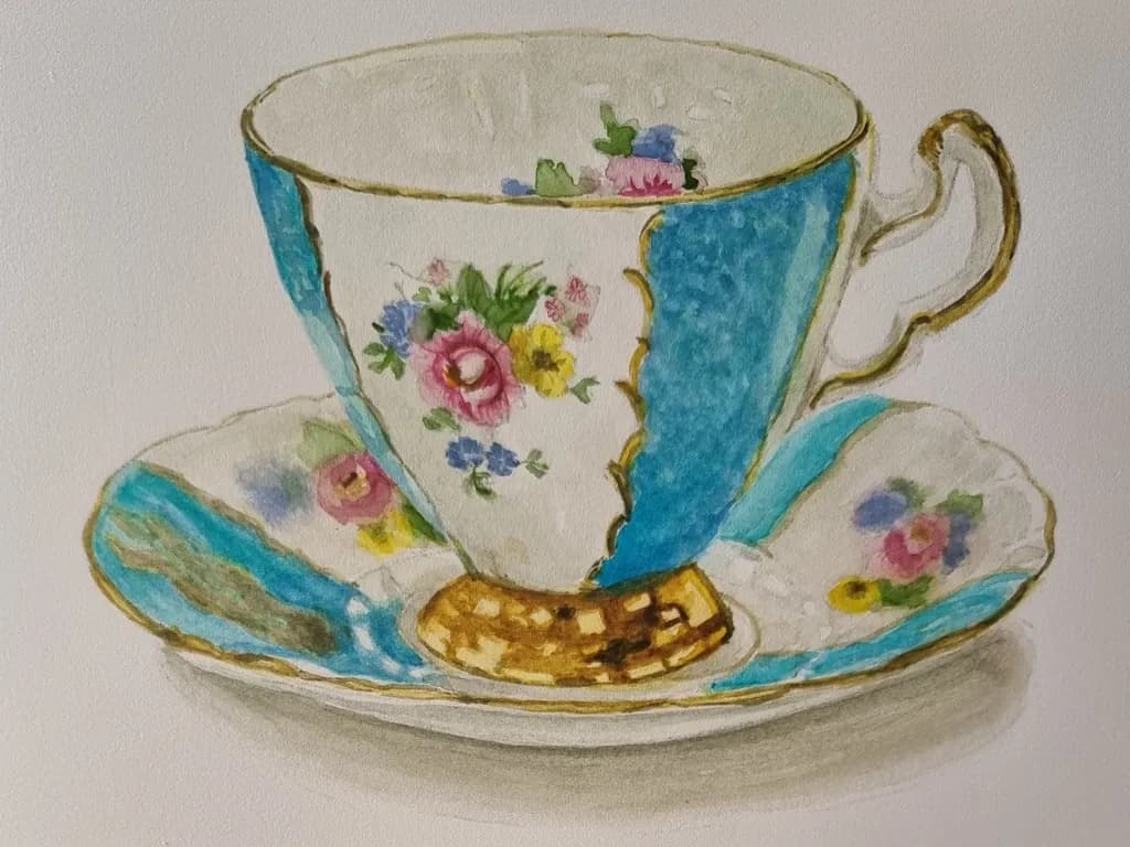 Delicate Elegance: A Floral Teacup and Saucer in Soft Watercolors