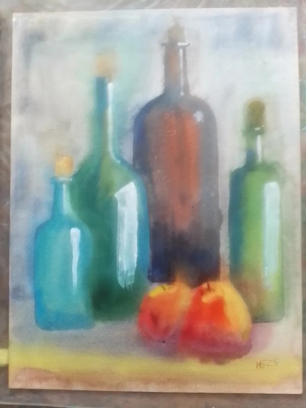 Whispers of Color: A Serene Still Life of Bottles and Apples