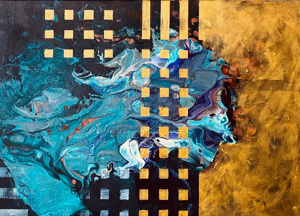 Vibrant Geometric Harmony: A Fluid Dance of Gold and Turquoise Textures