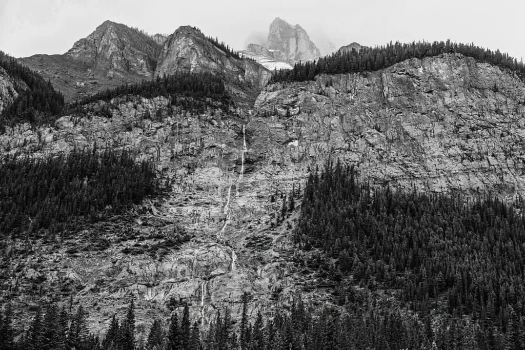 Majestic Monochrome Mountains: A Rocky Landscape Embraced by Forests