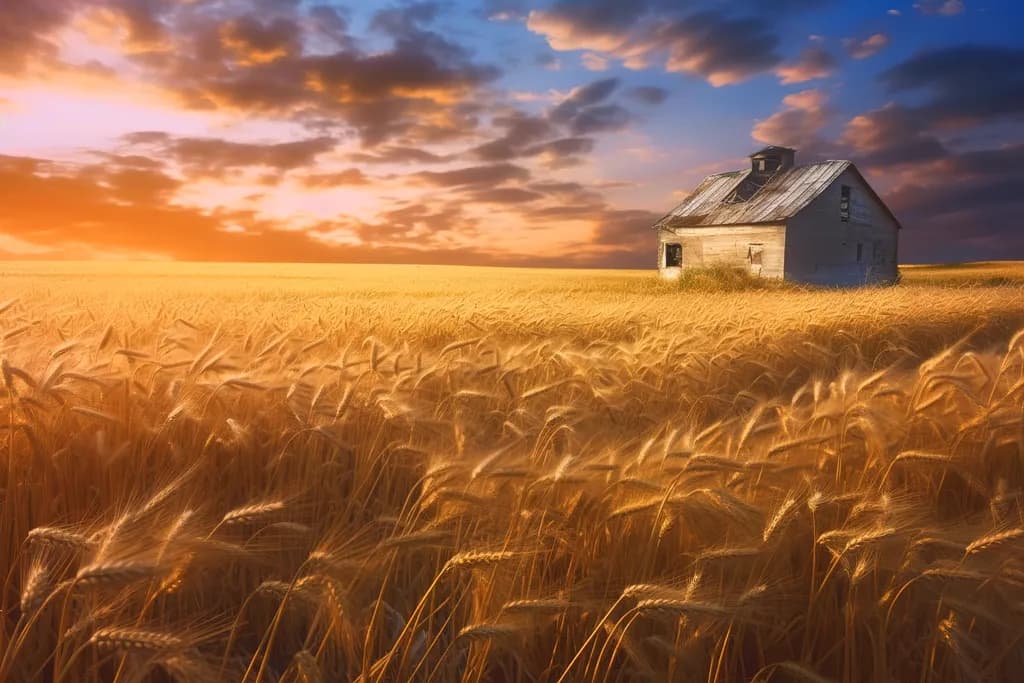 Whispers of the Golden Field: A Serene Sunset Over the Abandoned Homestead