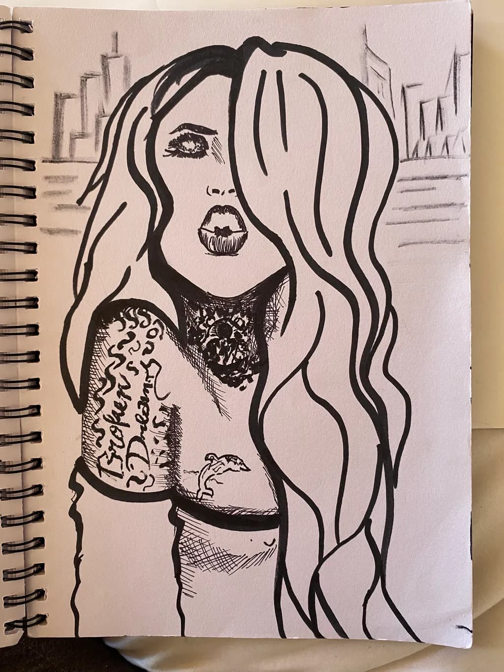 Tattooed Woman with Cityscape
