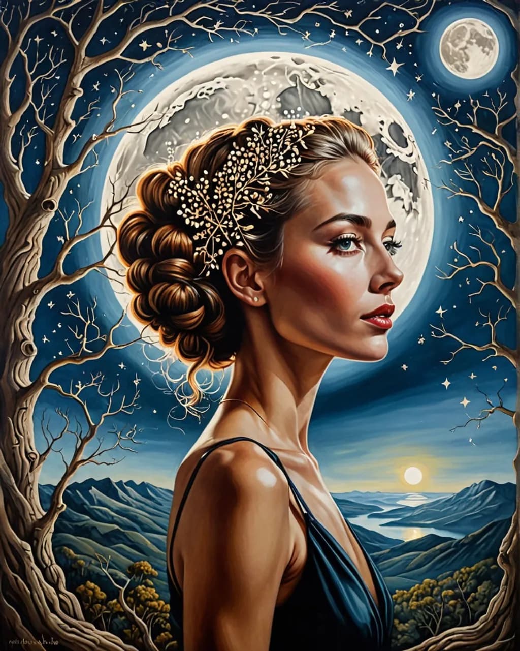 Woman Moonlit Landscape