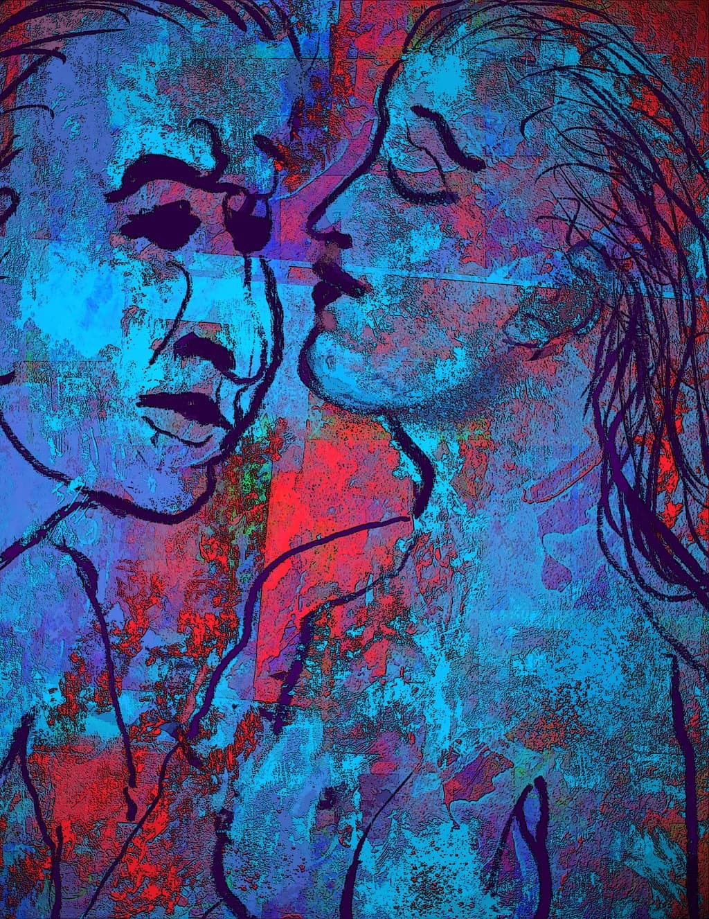 Whispers of Passion: An Abstract Embrace in Vibrant Contrast