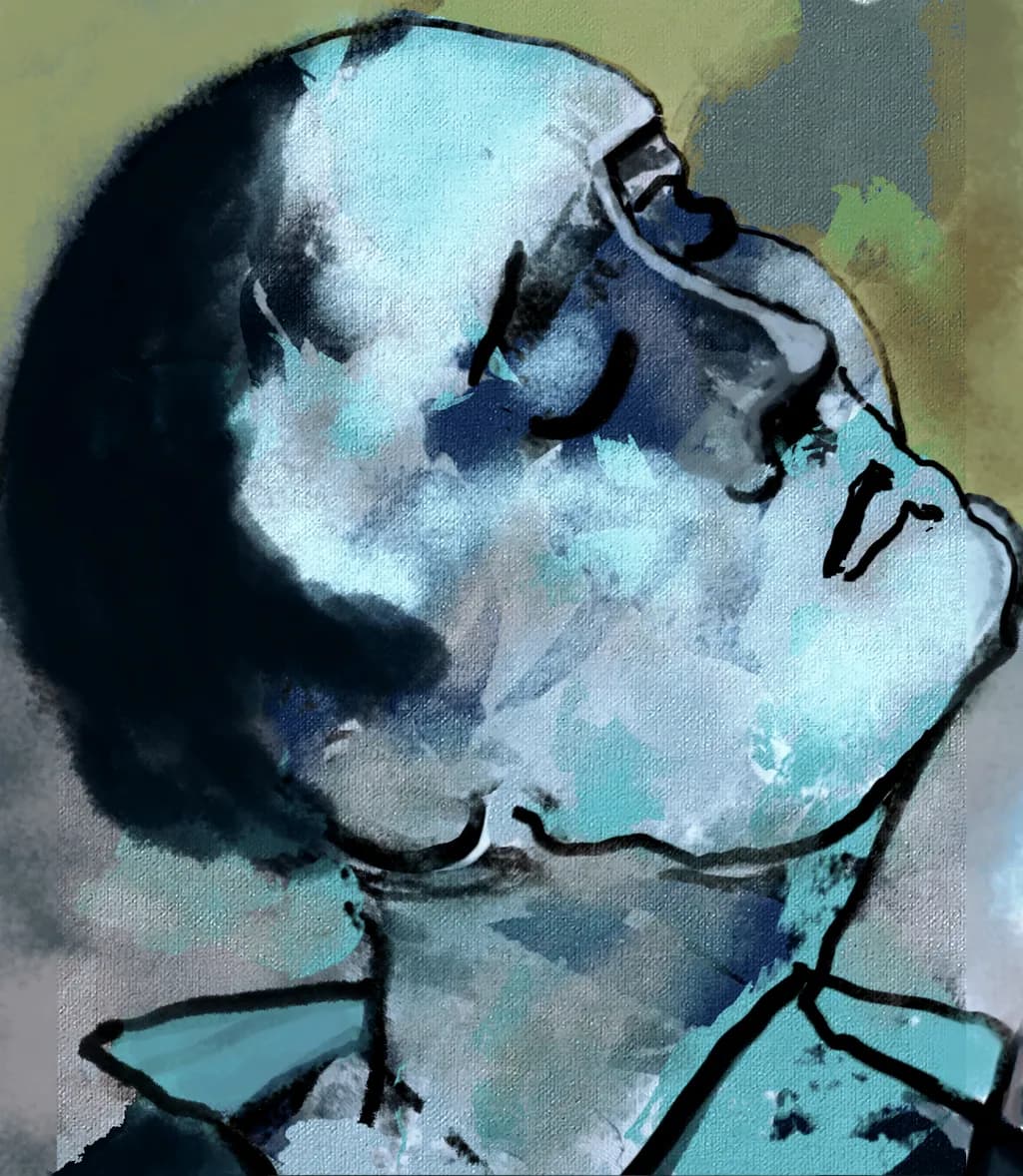 Whispers of Serenity: A Contemplative Portrait in Blues and Grays
