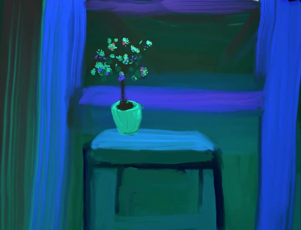 Whispers of Color: A Serene Still Life with a Potted Bloom