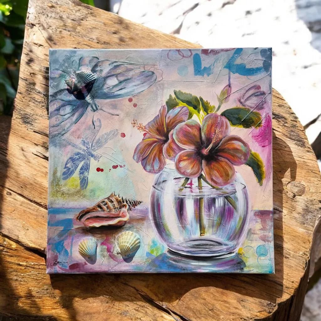 Glass Vase with Hibiscus and Shells