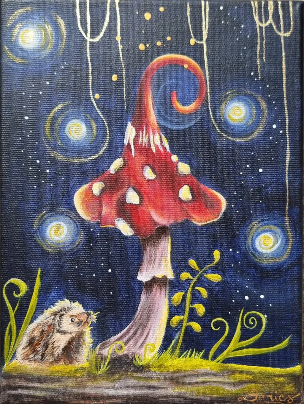 Whimsical Night: A Hedgehog's Dream Beneath the Enchanted Mushroom