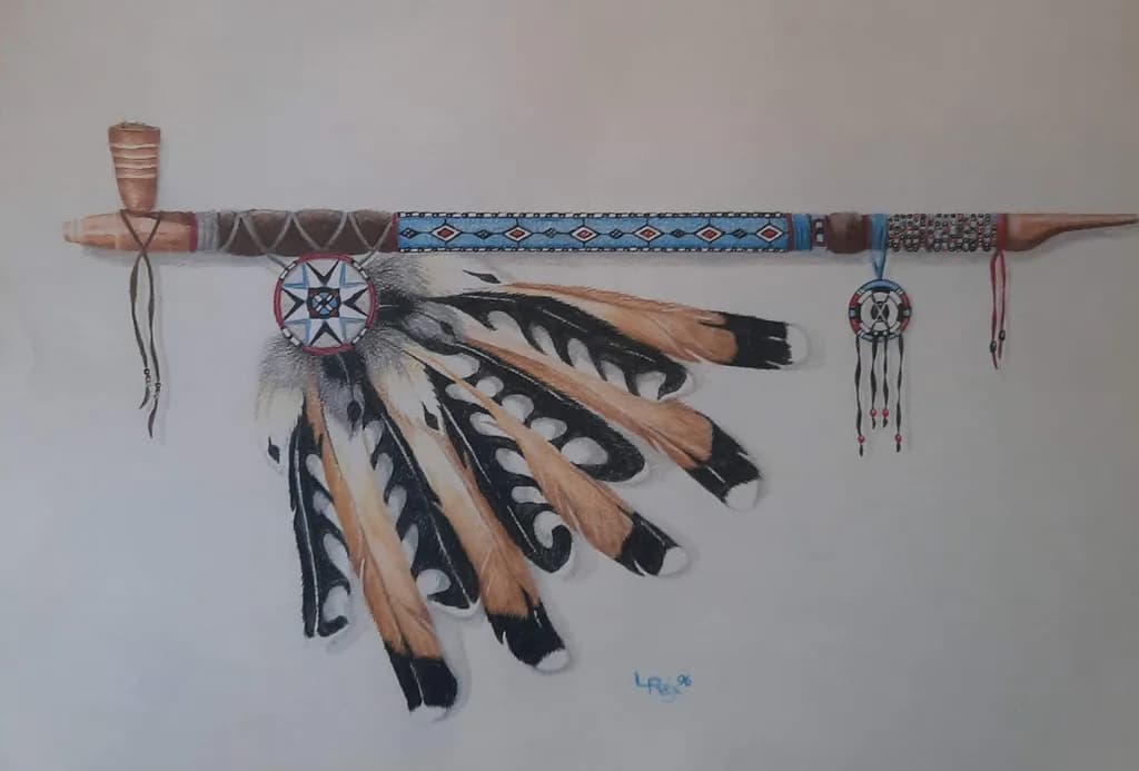 Whispers of Tradition: An Indigenous Pipe Adorned with Feathers and Craftsmanship