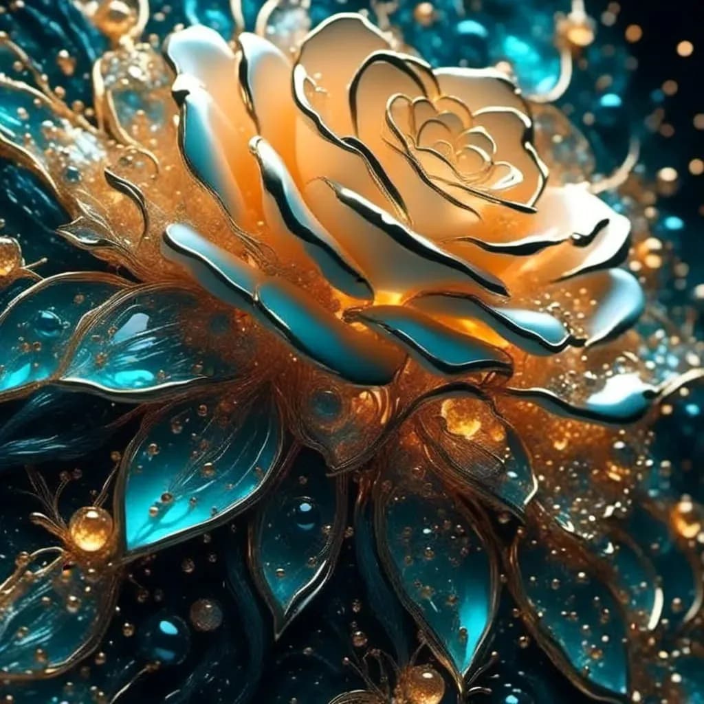Ethereal Bloom: A Radiant Rose in Aqua and Gold Elegance