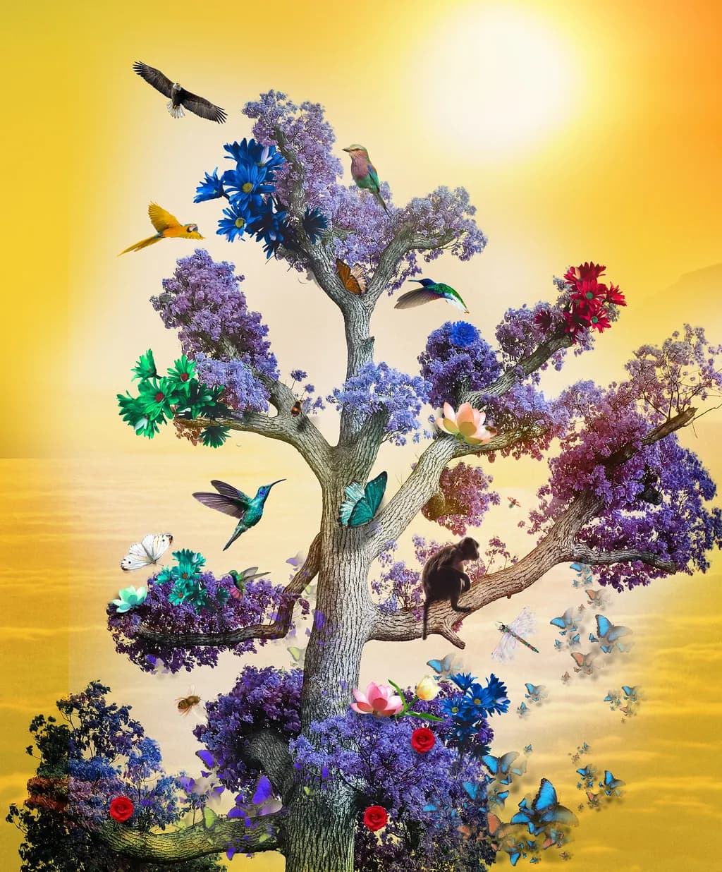 Purple Tree with Birds