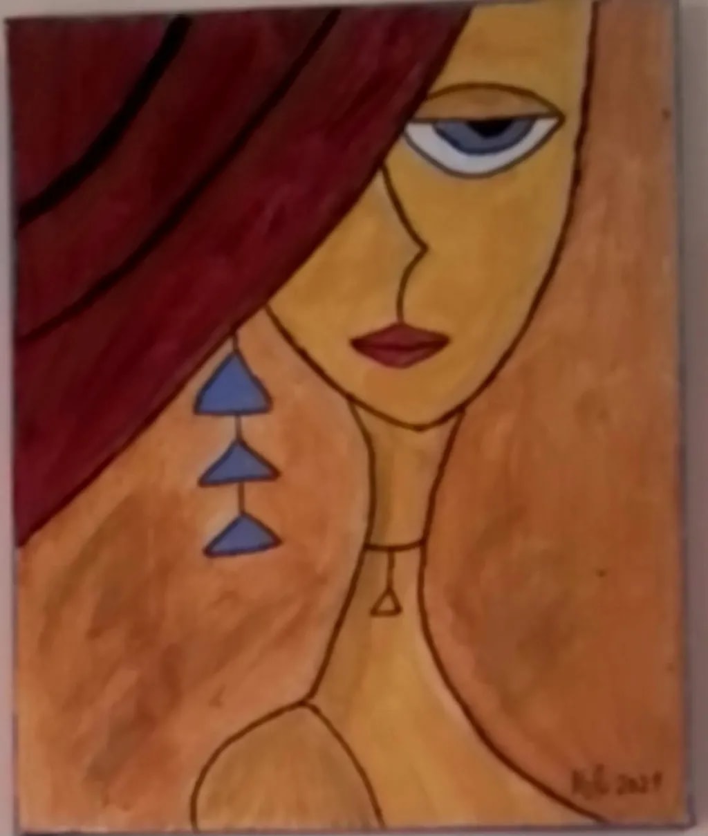 Burgundy-Haired Woman with Blue Earrings