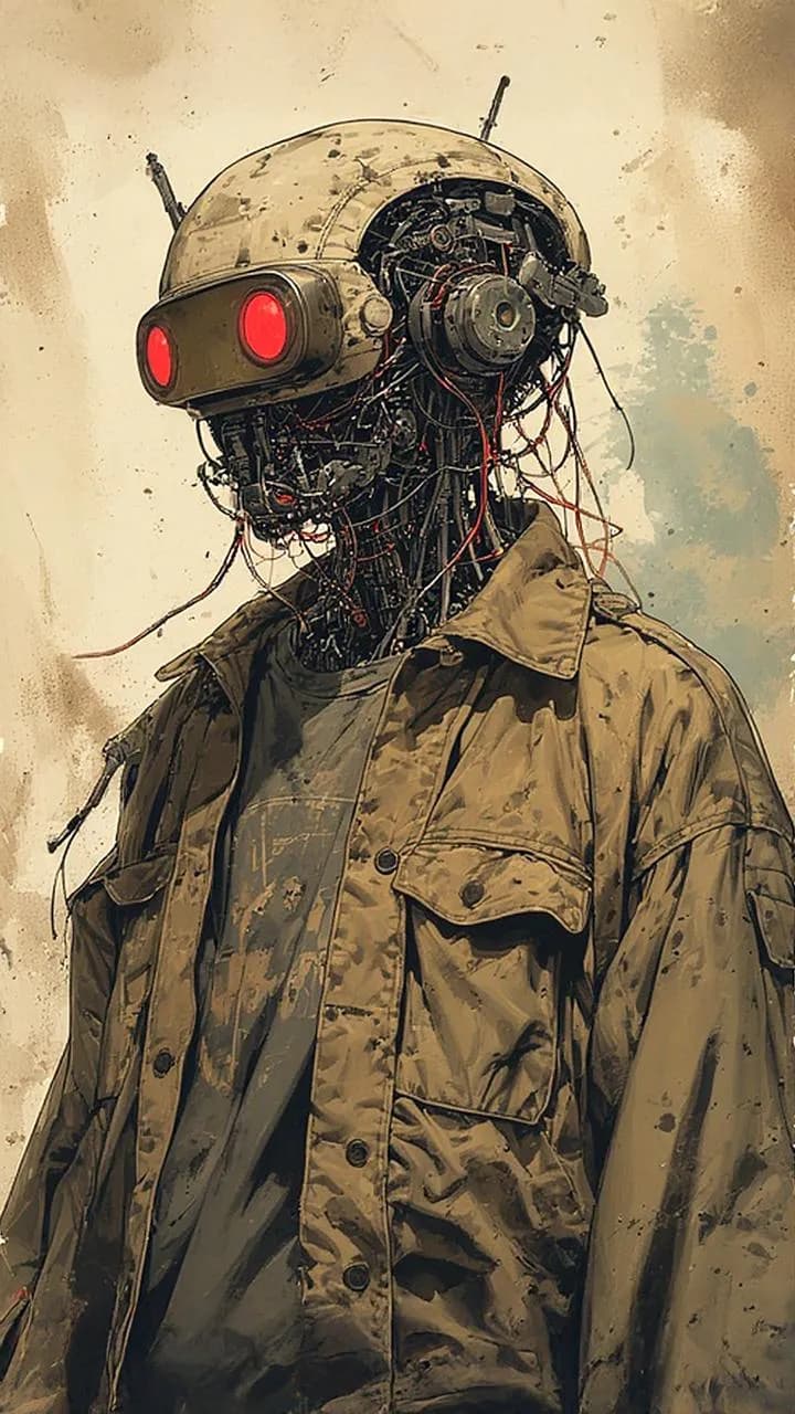 Mechanical Sentinel: A Fusion of Humanity and Technology in a Dystopian Landscape