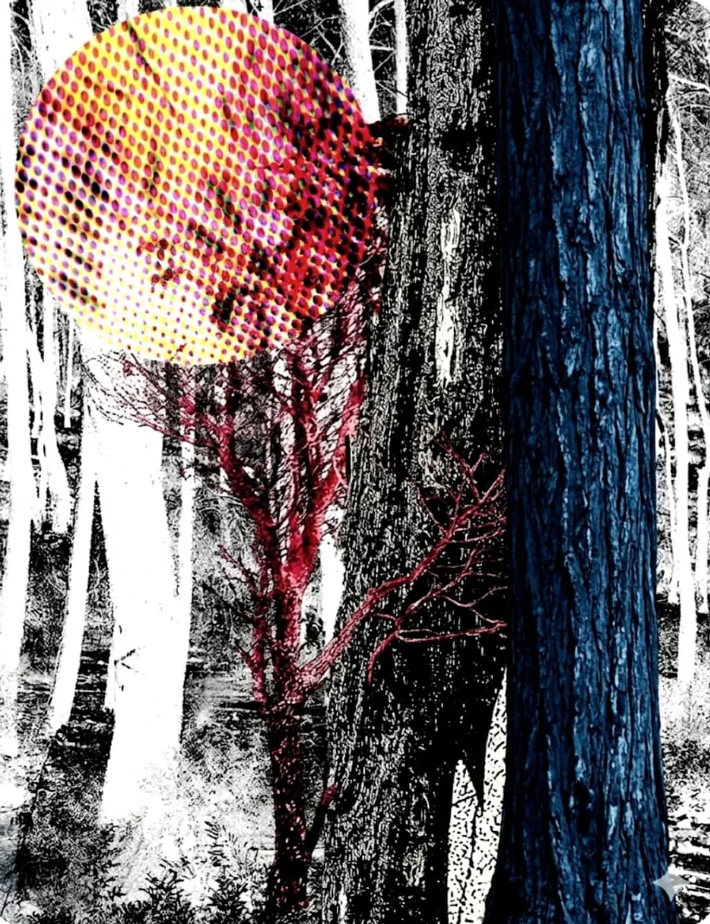 Halftone Sun in Winter Woods