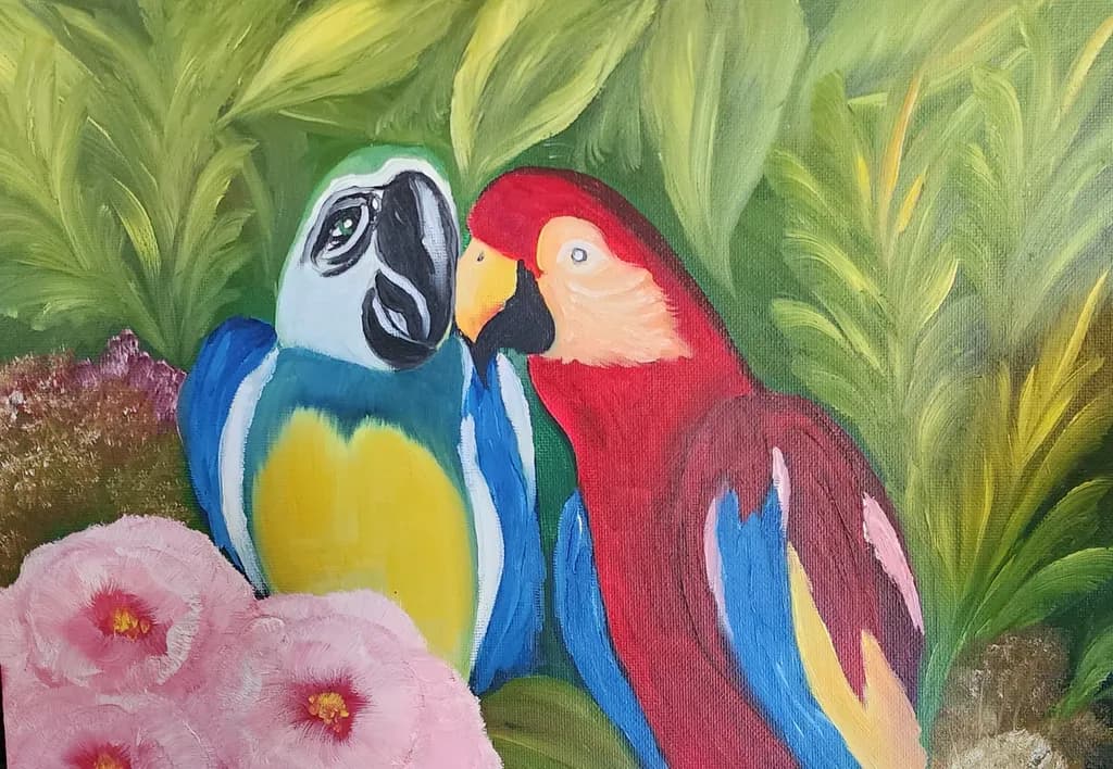 Vibrant Harmony: Parrots Amidst Blossoming Nature