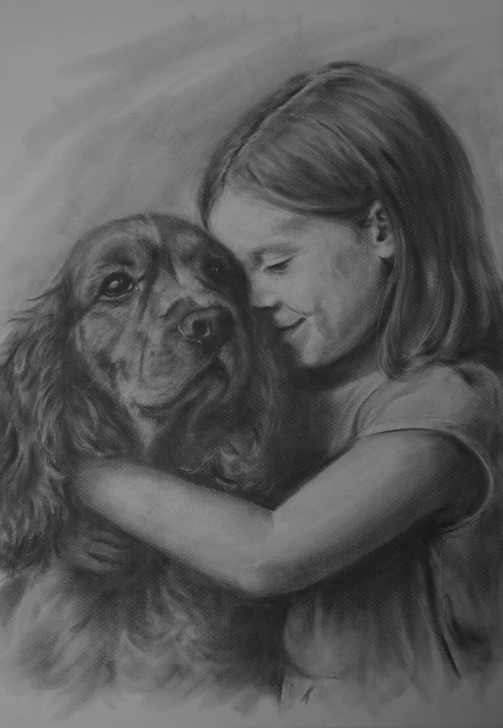 Whispers of Friendship: A Child's Embrace with Her Loyal Dog in Timeless Black-and-White Art