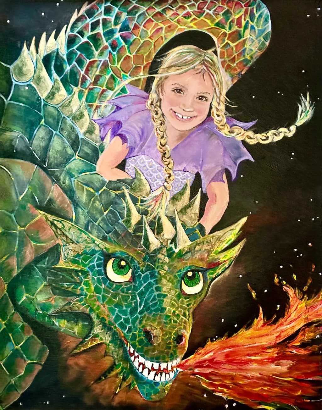 Whimsical Adventure: A Girl and Her Dragon in a Cosmic Dance