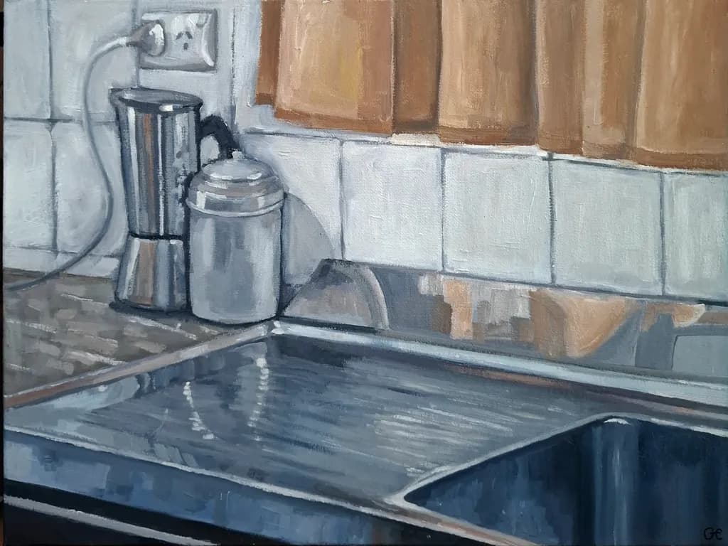 Reflections of Everyday Life: A Serene Kitchen Still Life in Blues and Grays