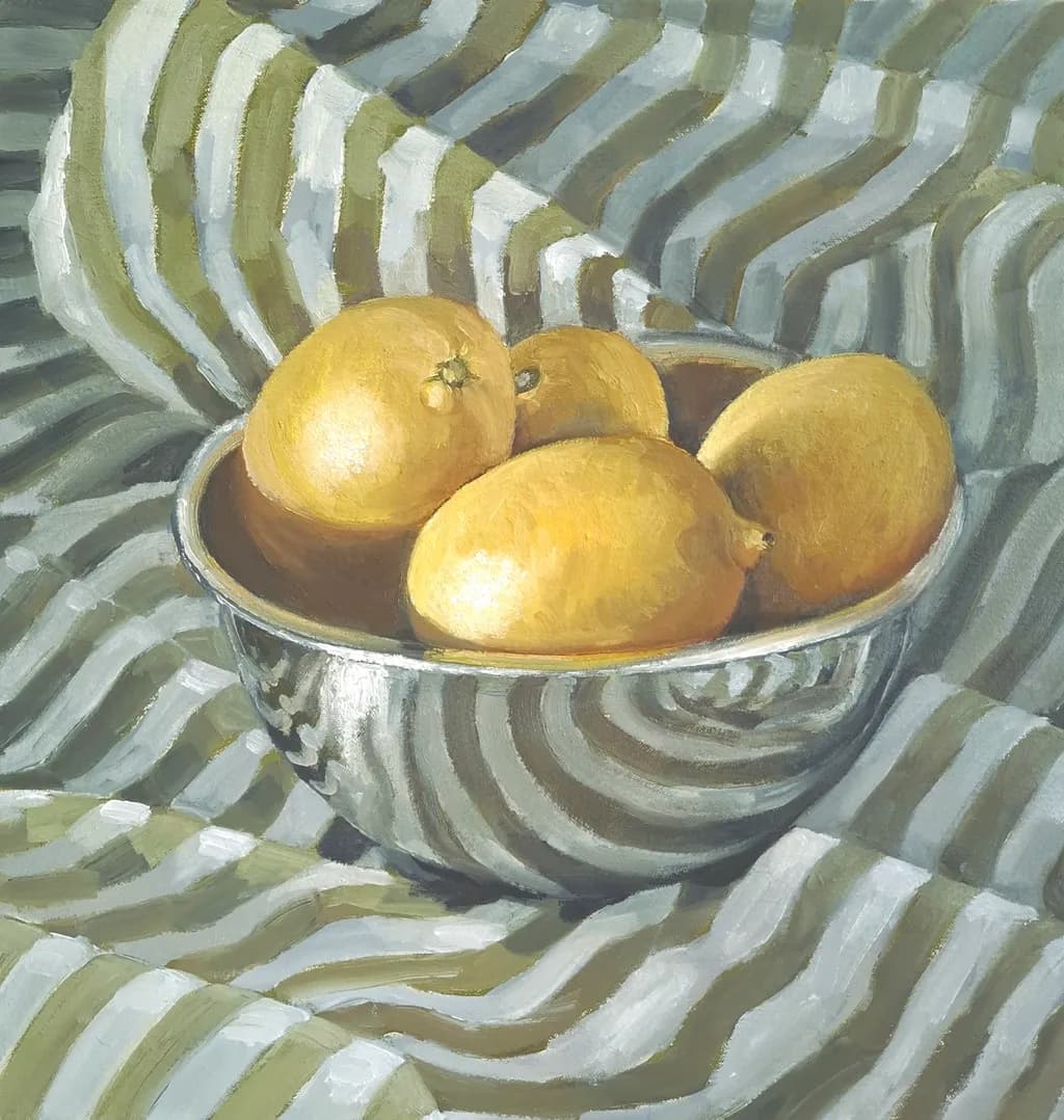 Luminous Lemons: A Playful Still Life in Striped Serenity