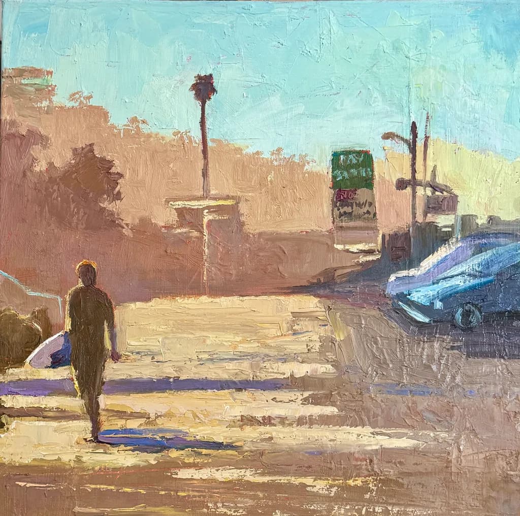 Evening Stroll: A Surfer's Journey Through Urban Light and Color