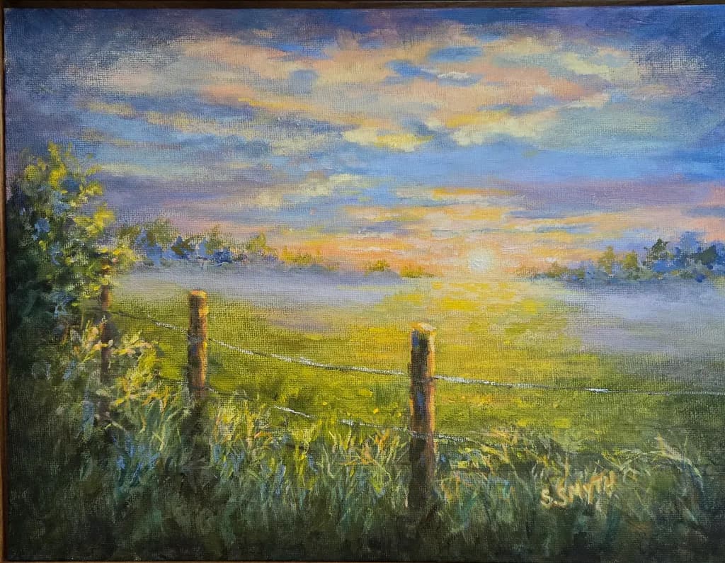Misty Field Fence Sunrise