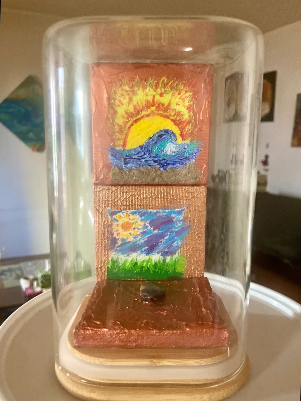 Sunrise and Waves: A Captivating Glass Display of Nature's Beauty