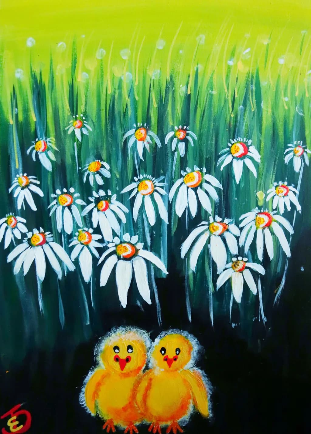 Two Chicks in a daisy field Mock up
