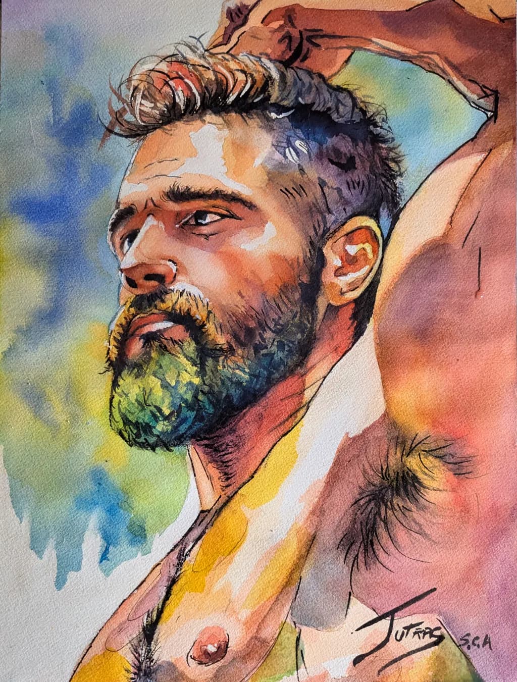 Vibrant Masculinity: An Expressive Watercolor Portrait of Strength and Emotion