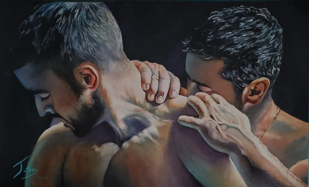 Embrace of Connection: A Tender Moment Captured in Colorful Harmony