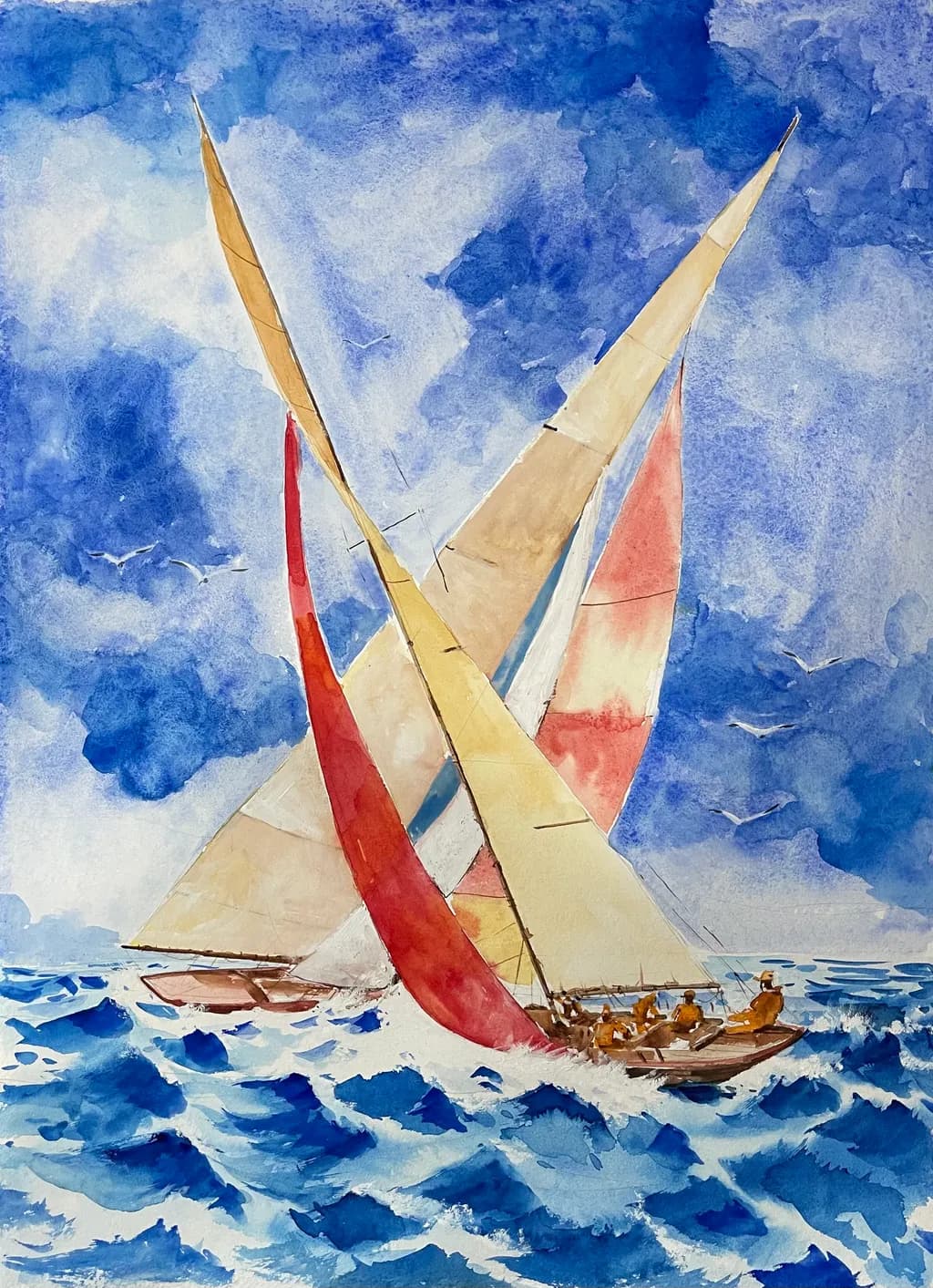 Sailing into Serenity: A Vibrant Watercolor Dance of Colorful Yachts on the Open Sea