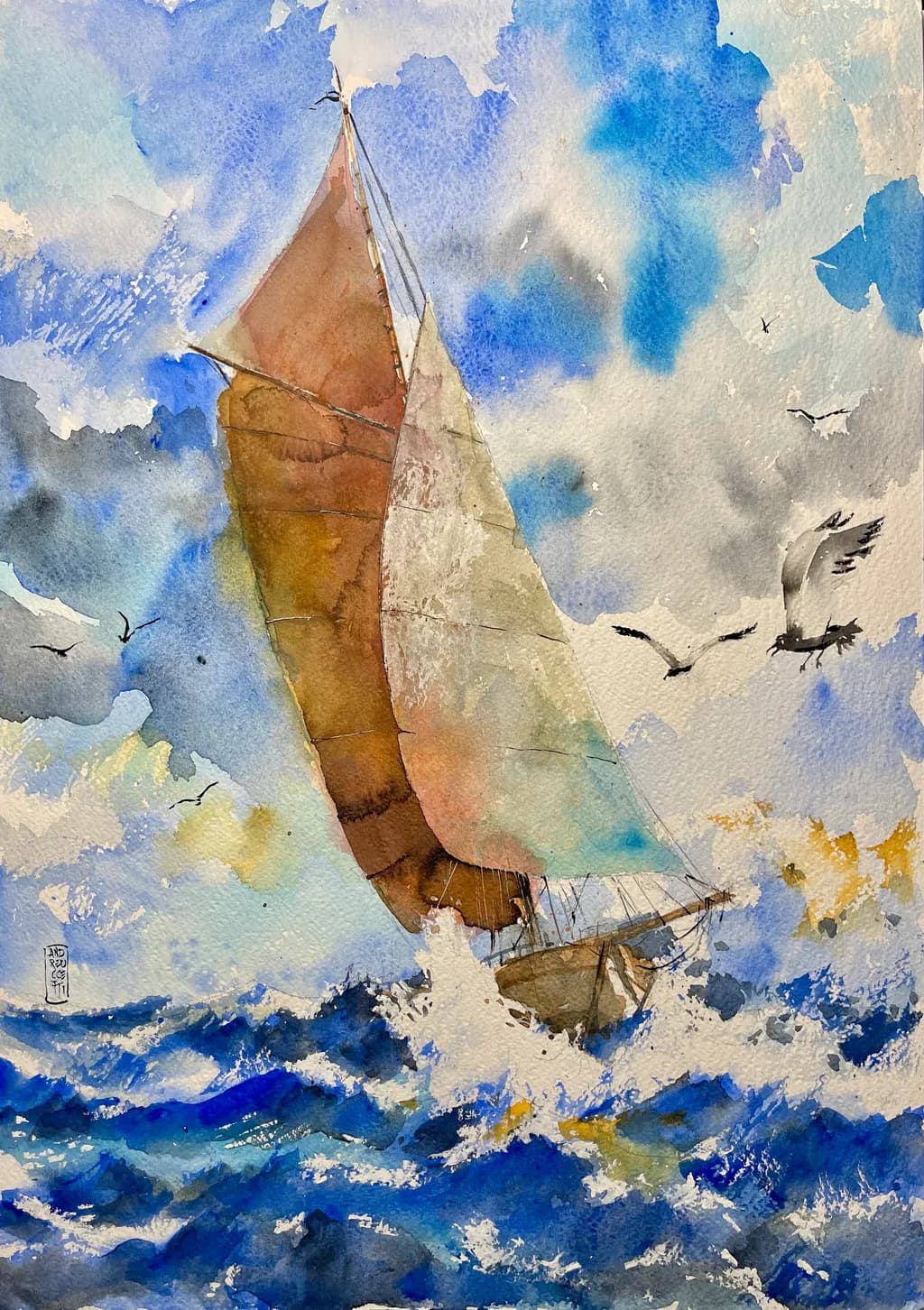 Sailing Through Serenity: A Watercolor Journey on Turbulent Seas